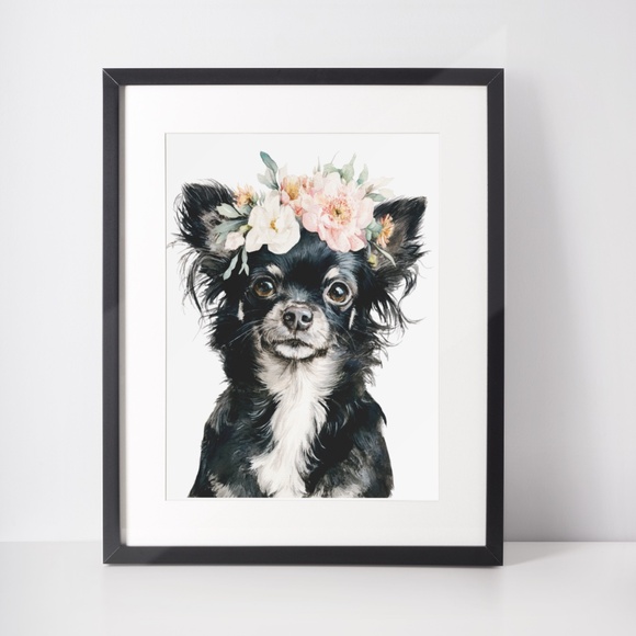 Watercolor Black Chihuahua with Flowers Portrait Wall Art Print Poster Unframed - Picture 3 of 6